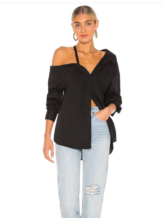 L'Academie Tops - L'Academie Black Off-Shoulder Button-Down Blouse